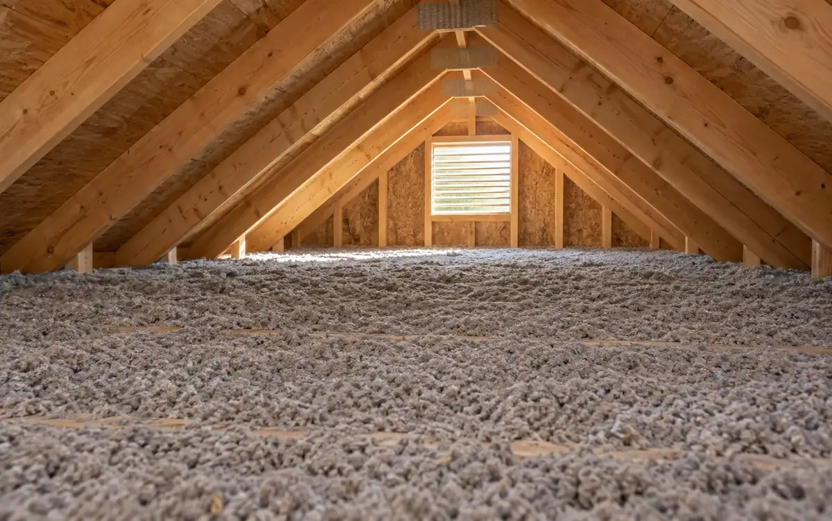 Blown-in cellulose insulation laid to depth across an attic floor