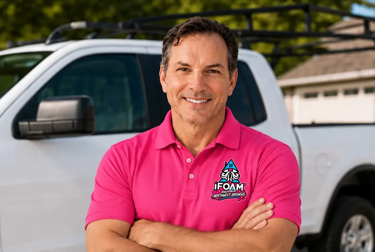 Darryl Zettle, owner of iFOAM Insulation of Northwest Arkansas, beside a company truck