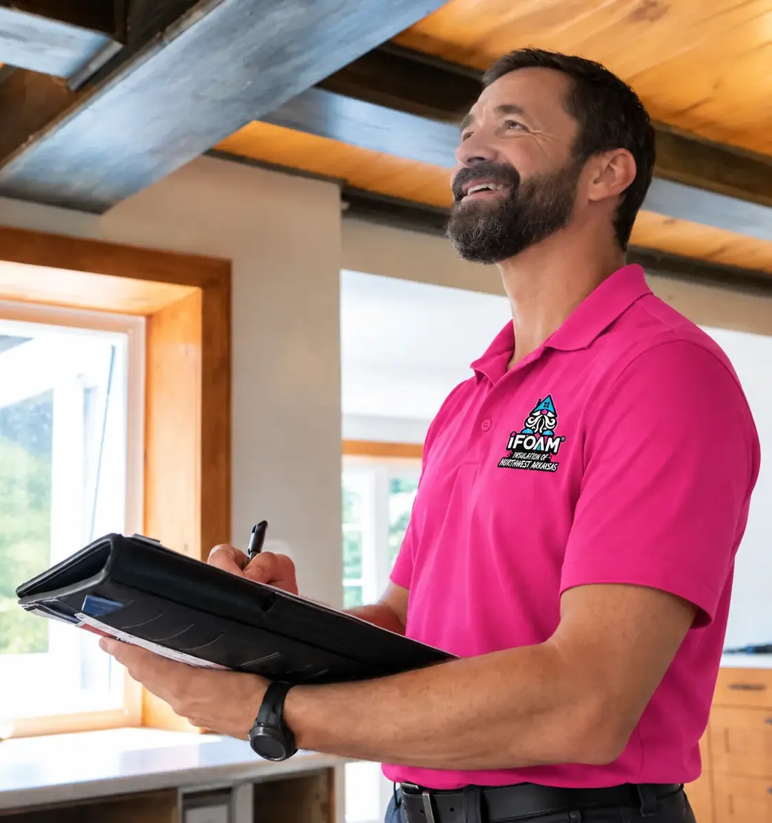 An iFOAM Insulation of Northwest Arkansas estimator writing up a quote on site