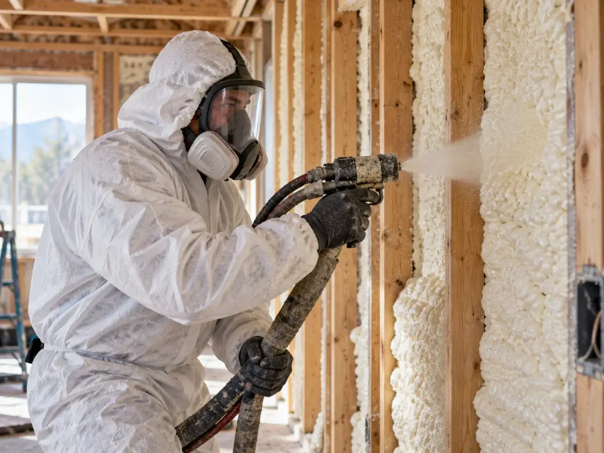 An iFOAM installer in a protective suit spraying foam into open wall studs