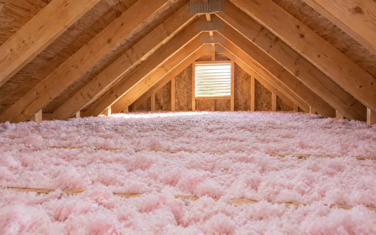 Pink loose-fill fiberglass blown to depth across the same attic floor