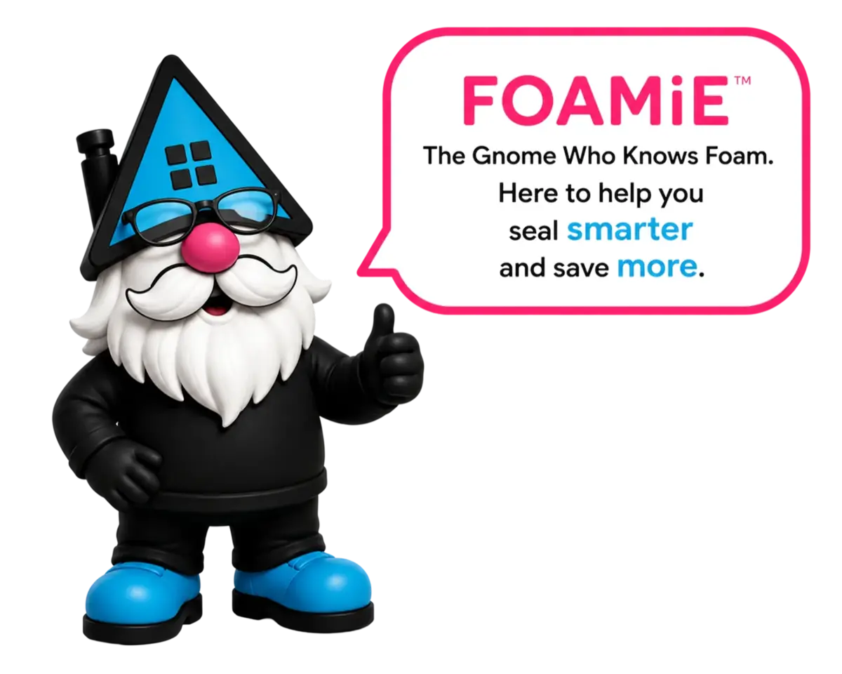 FOAMiE, the gnome who knows foam, giving a thumbs up, here to help you seal smarter and save more