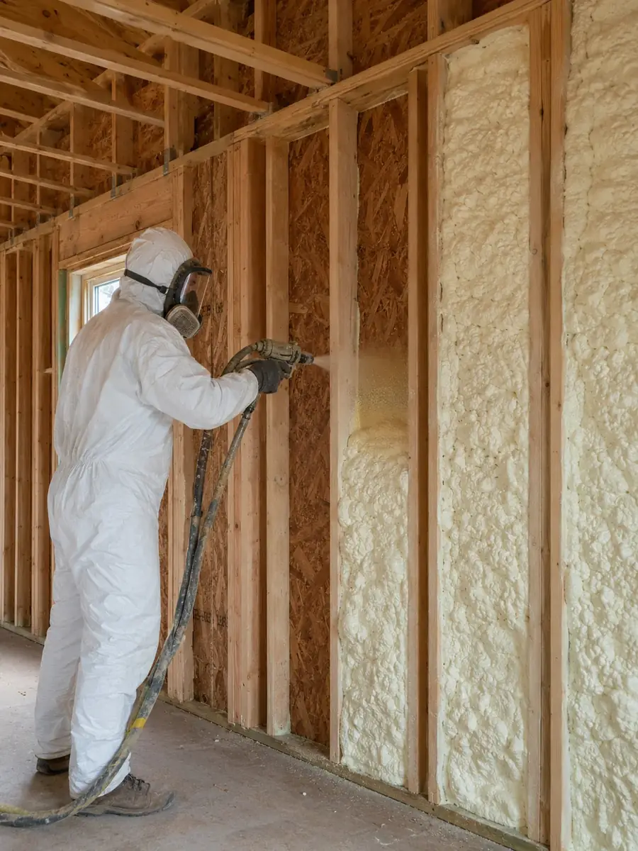 An iFOAM installer in full protective suit and respirator spraying foam into an open stud bay